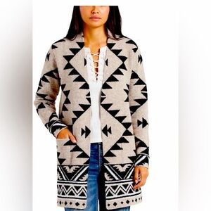 Frye Aztec Black and Tan Southwestern Jacquard Long Open Cardigan